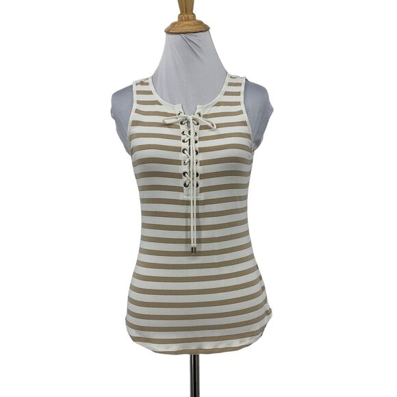 White House Black Market Tank Top Women 2XS XXS Striped Crew Neck Lace Up Front - Picture 1 of 13